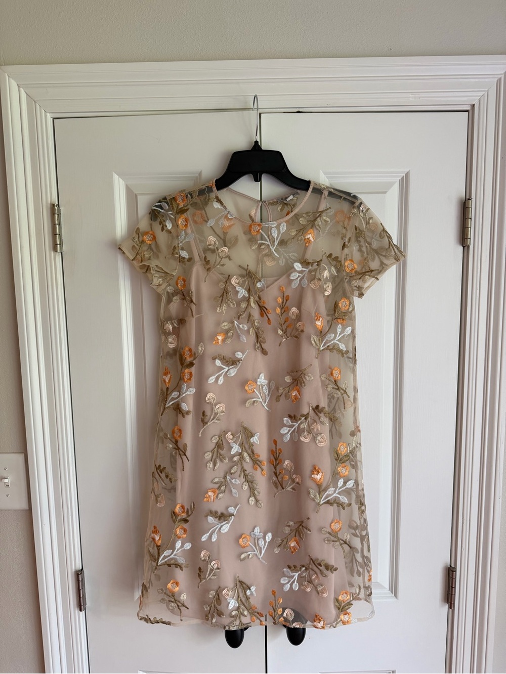 Embroidered Floral Overlay Dress in Beige and Gold